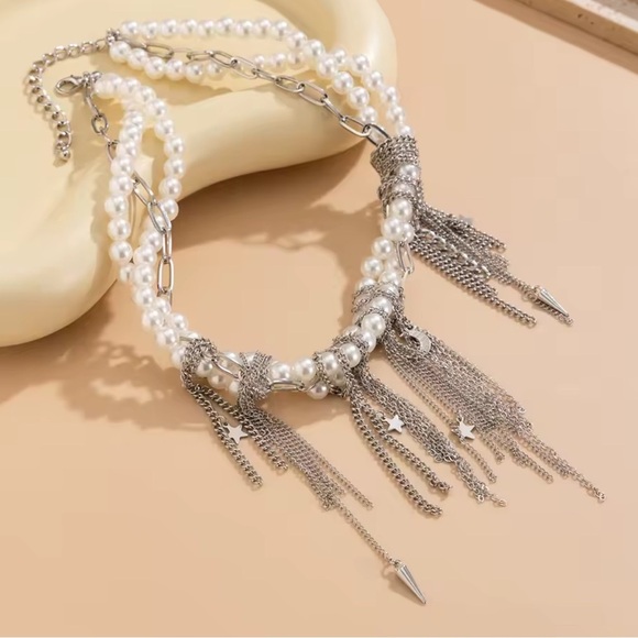 Anthropologie Star Tassel Multilayer Silver Pearl Necklace Tik tok Famous - Picture 5 of 8